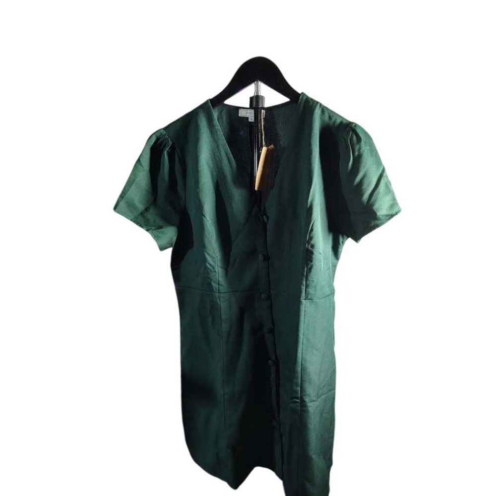 RIHOAS‎ Women's Green Button Front Short Sleeve V Neck Mini Dress Size XL
